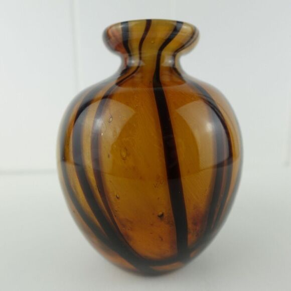 Hand Blown Art Glass Vase with Striping 5 1/8" High - Picture 2 of 6